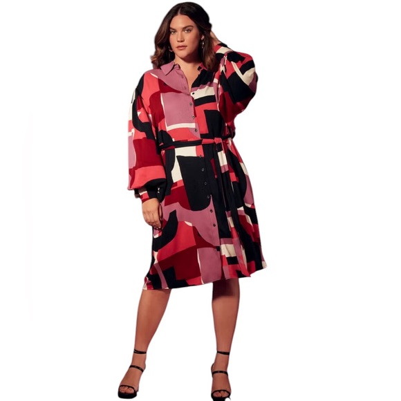 Eloquii Dresses & Skirts - ELOQUII EXAGGERATED SLEEVE SHIRT DRESS GEO BLACK RED WHITE PRINT 20